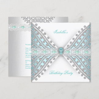 Birthday Party TEAL BLUE Silver White Diamond 2 Invitation