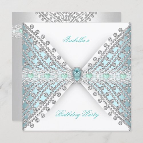 Birthday Party TEAL BLUE Silver White Diamond 2 Invitation