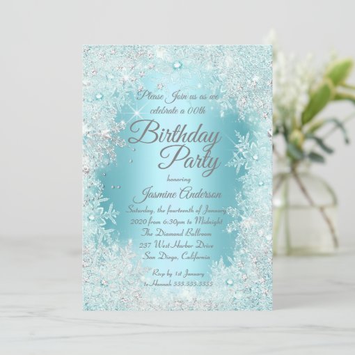 Birthday Party Teal blue Silver Winter Wonderland Invitation | Zazzle