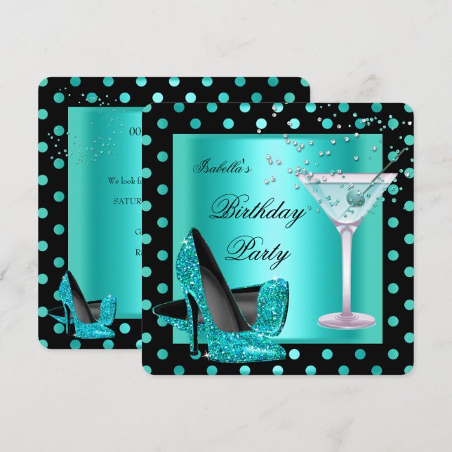 Birthday Party Teal Blue Turquoise Black 2 Invitation (Front/Back)