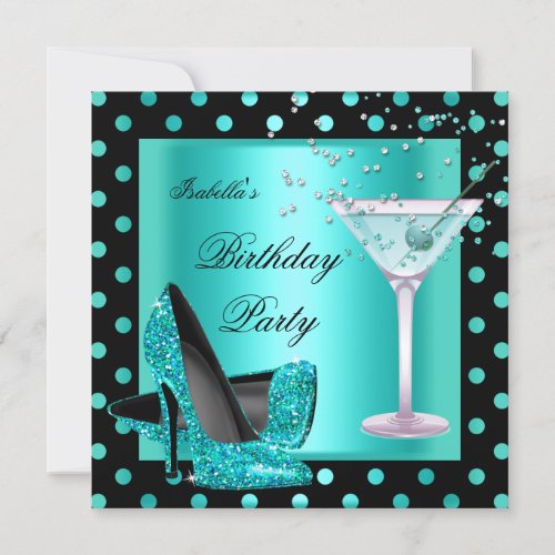 Birthday Party Teal Blue Turquoise Black 2 Invitation