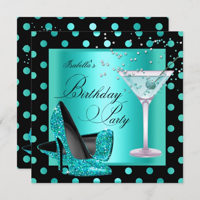 Birthday Party Teal Blue Turquoise Black Invitation (Front/Back)