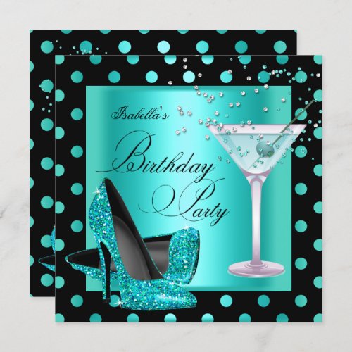 Birthday Party Teal Blue Turquoise Black Invitation