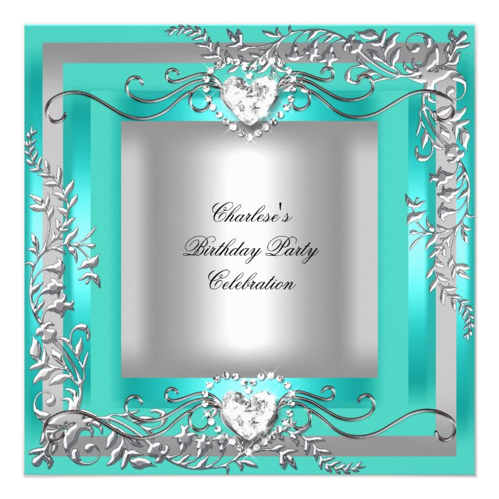 Birthday Party Teal Blue Turquoise Silver Personalized Announcement