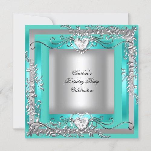 Birthday Party Teal Blue Turquoise Silver Personalized Announcement