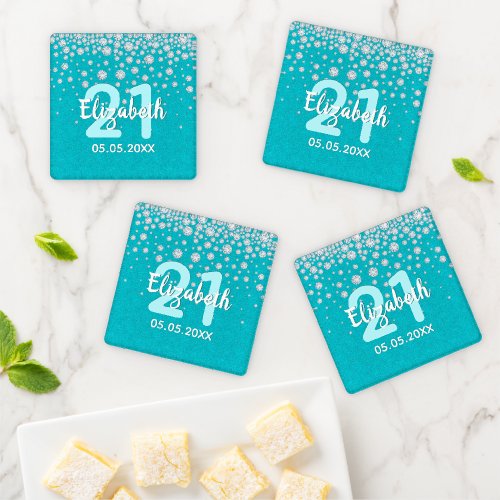 Birthday party teal green glitter name coaster set