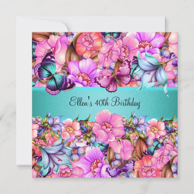 Birthday Party Teal Pink blue Pink Butterfly Invitation (Front)