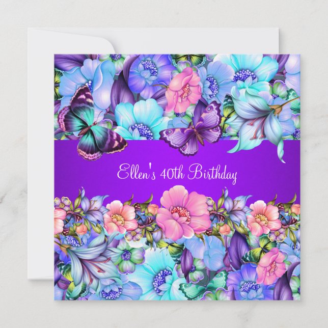 Birthday Party Teal Purple blue Pink Butterfly Invitation (Front)