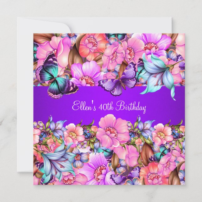 Birthday Party Teal Purple blue Pink Butterfly Invitation (Front)