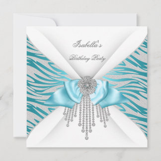 Birthday Party Teal Silver White Zebra Diamond Bow Invitation