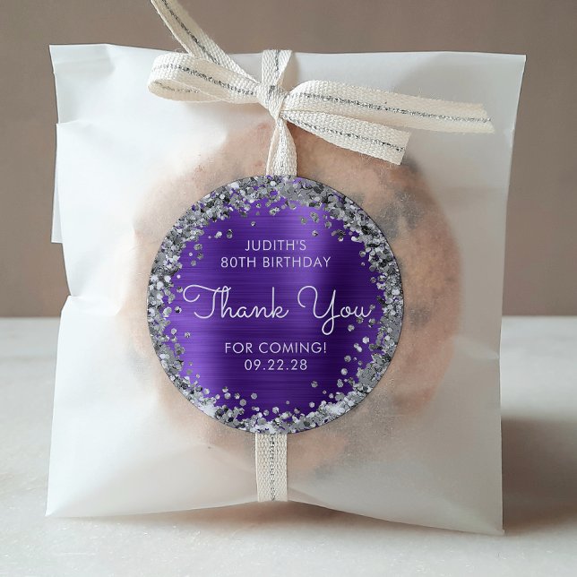 Birthday Party Thank You Purple Silver Glitter Classic Round Sticker (Creator Uploaded)