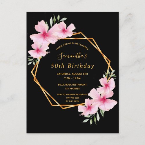 Birthday party tropical geometric black invitation postcard