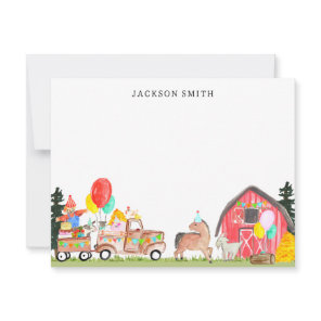 Birthday Party Truck Barnyard Farm Animals Kids Note Card