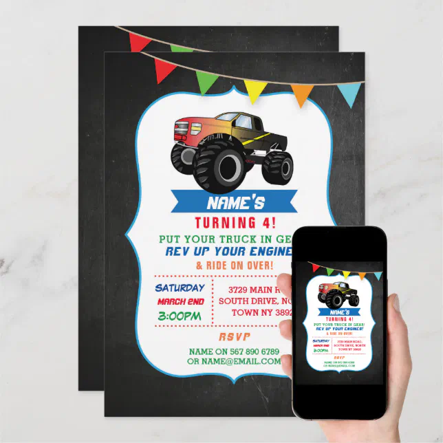 Birthday Party Truck Car Monster Smash Invite | Zazzle