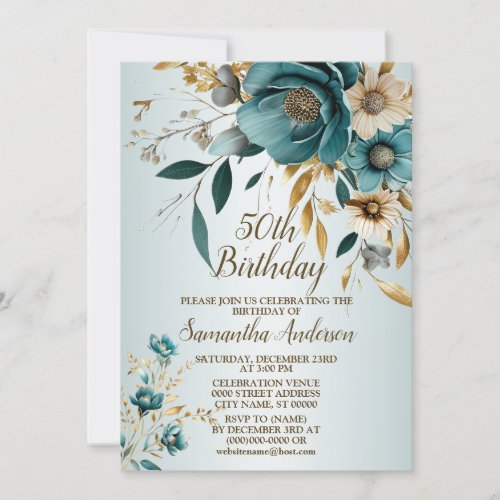 Birthday Party Turquoise White Flower Gold Leaves Invitation