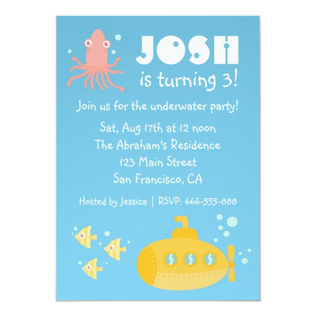 Birthday Party - Underwater Theme With Submarine Invitation
