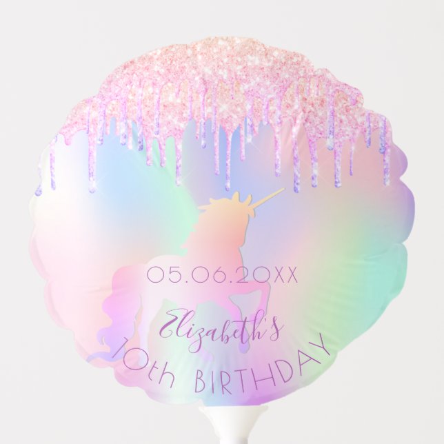 Birthday party unicorn glitter name holographic  balloon (Front)