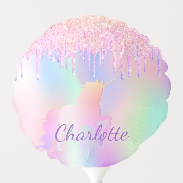 Birthday party unicorn glitter name holographic balloon (Front)