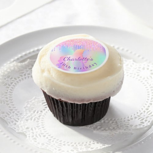 Birthday party unicorn glitter name holographic edible frosting rounds
