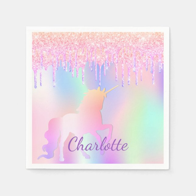 Birthday party unicorn glitter name holographic napkins (Front)
