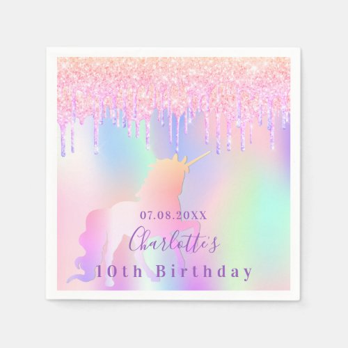 Birthday party unicorn glitter name holographic  napkins