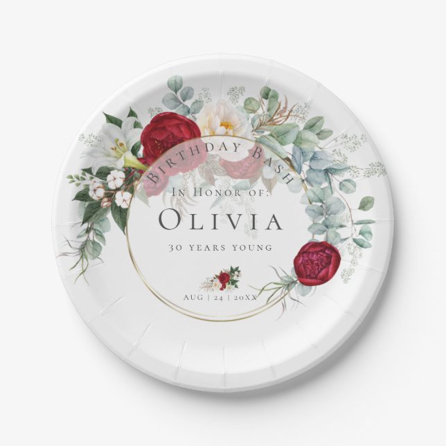 Birthday Party | Vibrant Red Peony Bouquet Paper Plates (Front)
