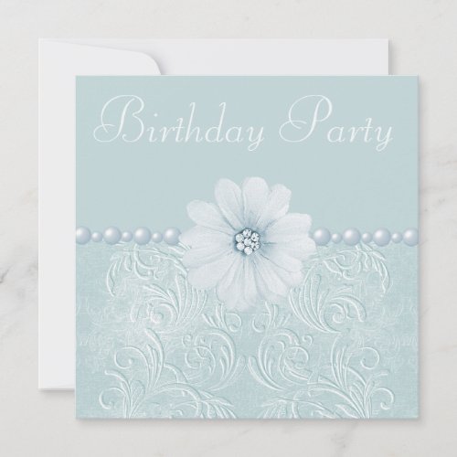 Birthday Party Vintage Blue Flowers  Pearls Invitation