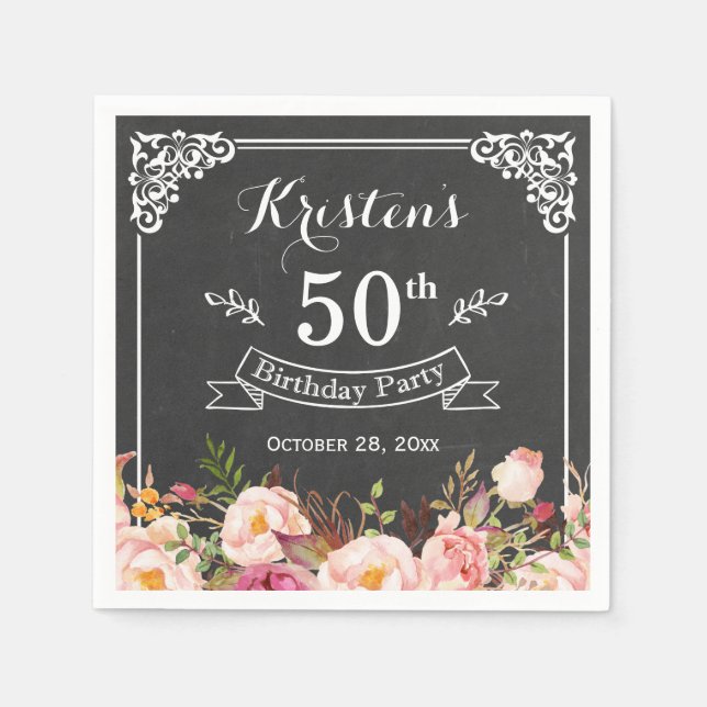 Birthday Party Vintage Frame Chalkboard Flowers Napkins (Front)