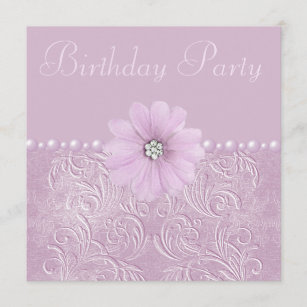 Birthday Party Vintage Lilac Flowers & Pearls Invitation