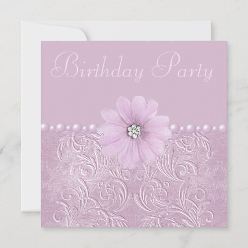Birthday Party Vintage Lilac Flowers  Pearls Invitation