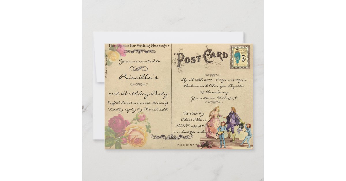 Birthday Party, vintage, old postcard style,script | Zazzle