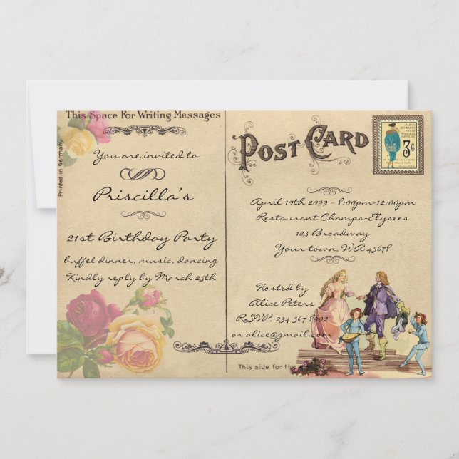 Birthday Party, vintage, old postcard style,script (Front)