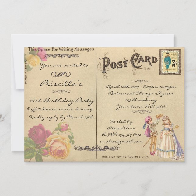 Birthday Party, vintage, old postcard style,script (Front)