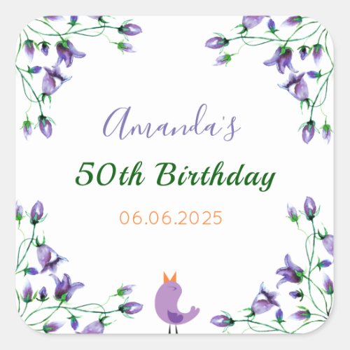 Birthday party violet florals bluebells white square sticker