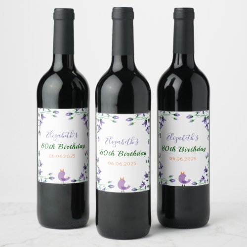 Birthday party violet florals bluebells white wine label