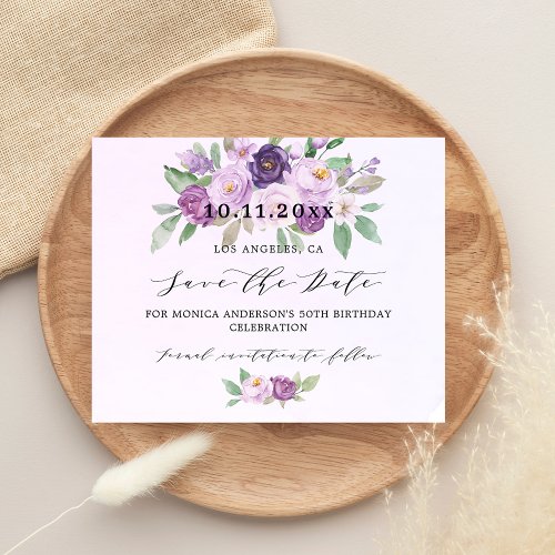 Birthday party violet flowers budget save the date