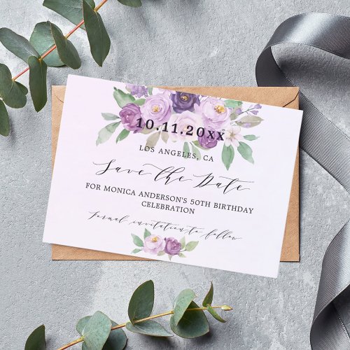 Birthday party violet flowers save the date