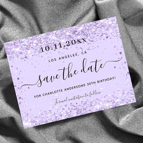 Birthday party violet glitter budget save the date flyer