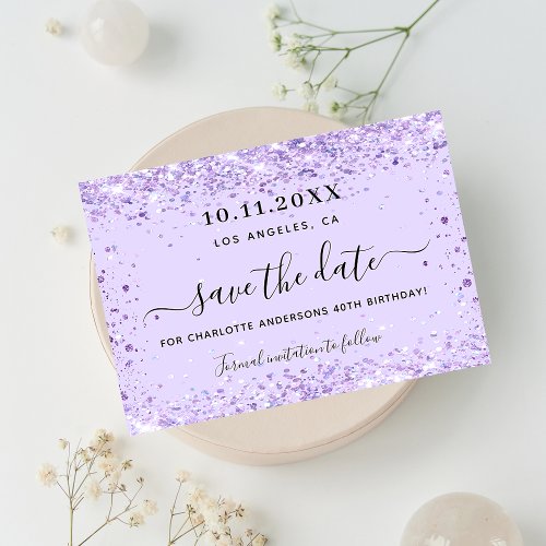 Birthday party violet glitter save the date