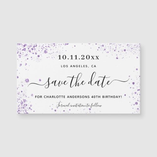 Birthday party violet glitter save the date magnet