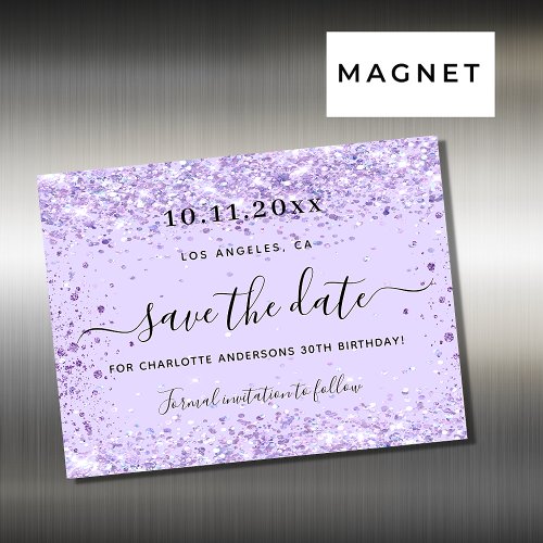 Birthday party violet glitter save the date magnet