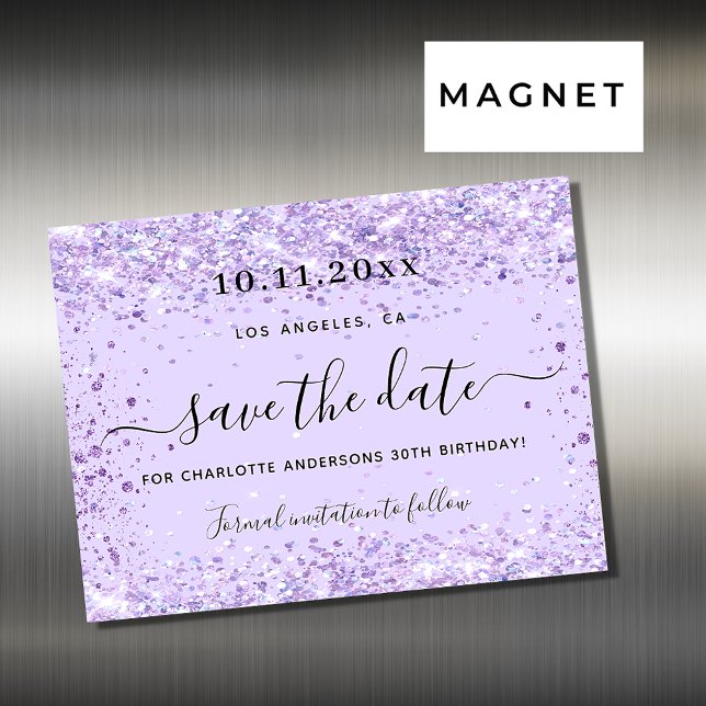 Birthday party violet glitter save the date magnet (Creator Uploaded)
