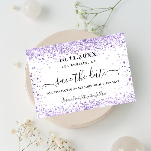 Birthday party violet glitter white save the date