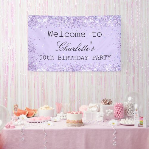 Birthday party violet lavender glitter name banner