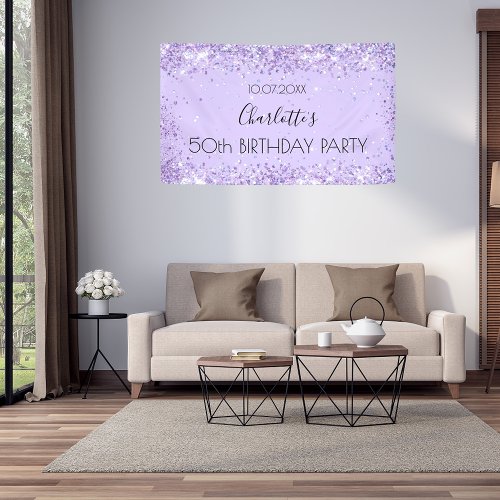 Birthday party violet lavender glitter name banner