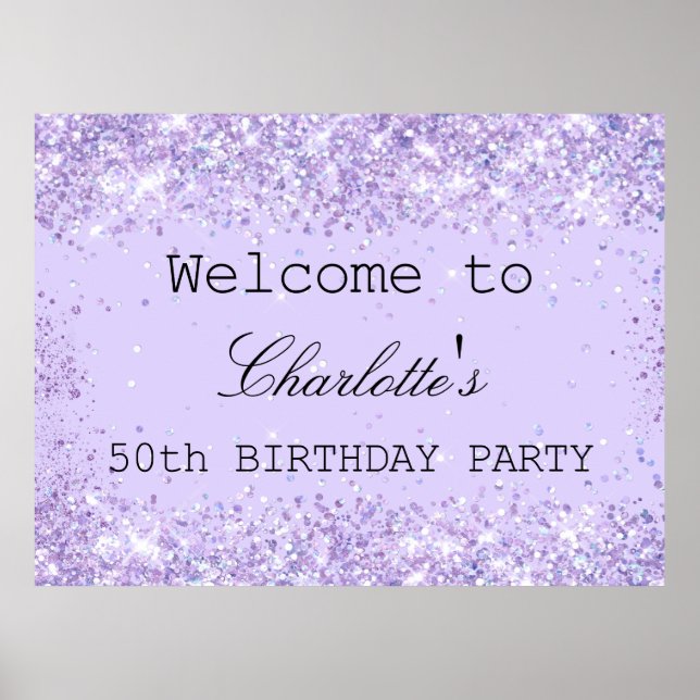 Birthday party violet lavender glitter name  poster (Front)