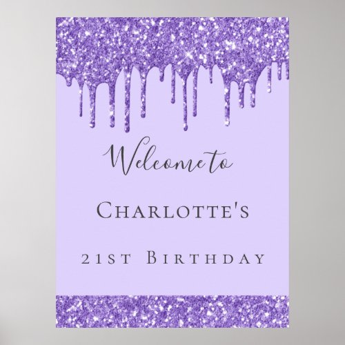 Birthday party violet lavender glitter name poster