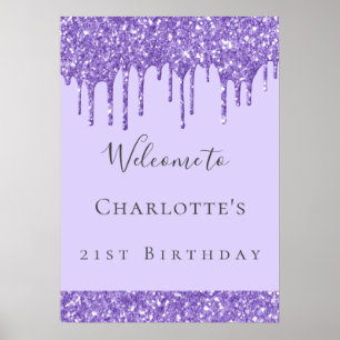Birthday party violet lavender glitter name poster