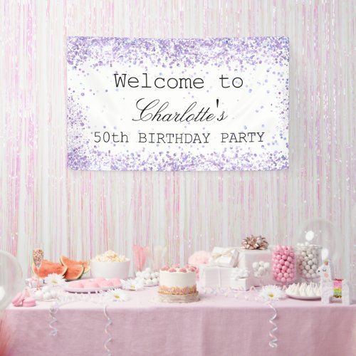 Birthday party violet lavender white glitter name banner