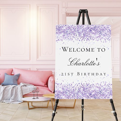 Birthday party violet lavender white glitter name foam board